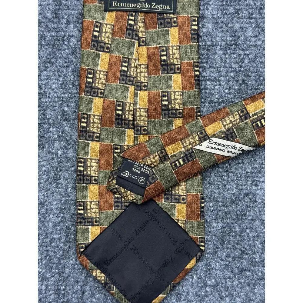 Ermenegildo Zegna Mens Silk Tie Brown Green Gold Geometric Made Italy